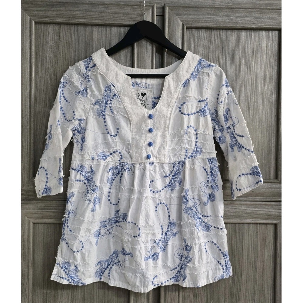 Produce Company 3/4 Sleeve Womens Top Small White Blue Boho Style
